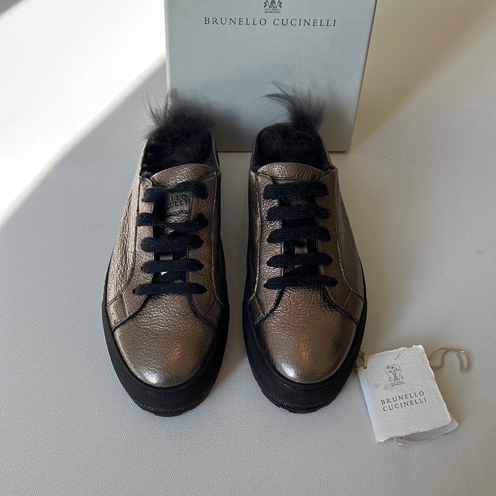 BRUNELLO CUCINELLI  Ladies 40 metallic bronze slides with black fur interior NEW